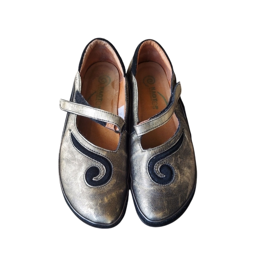 Naot Gold and Black Swirl Leather Suede Mary Jane Flats